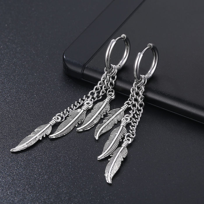 1 Piece Simple Style Feather Stainless Steel Tassel Chain Drop Earrings