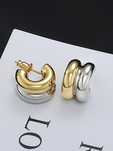 Brincos de argola de dois tons para mulheres banhados a ouro 18K, moda hipoalergênica em forma de C de dois tons, brincos de temperamento clássico feminino