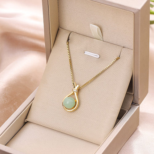 Chinoiserie Geometric Stainless Steel  Inlay Artificial Gemstones Pendant Necklace