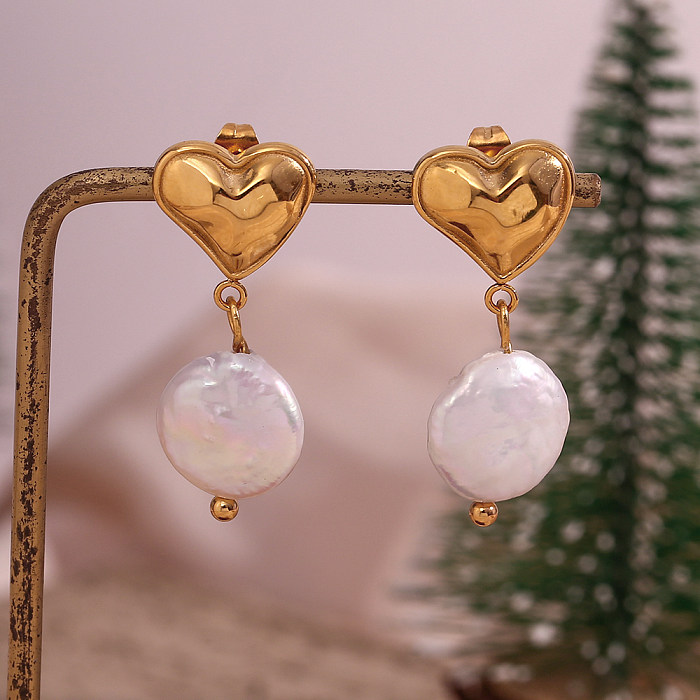 1 Pair French Style Heart Shape Stainless Steel  Freshwater Pearl Plating 18K Gold Plated Drop Earrings