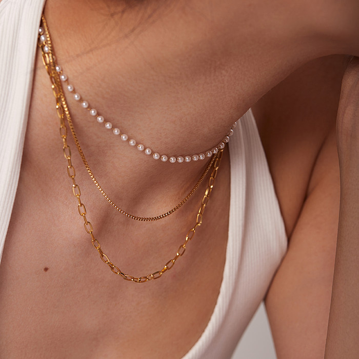 Fashion 18K Gold Stainless Steel  Small Pearl Chain Three-Layer Necklace Women