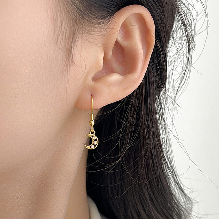1 Pair Simple Style Moon Inlay Stainless Steel  Zircon Drop Earrings