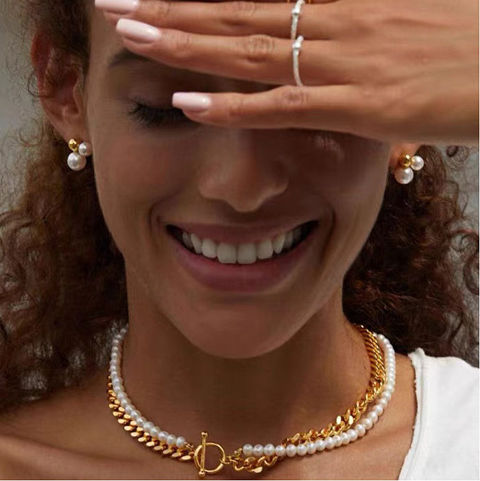 Einfacher Stil, geometrische Edelstahl-Ohrstecker mit Quastenbeschichtung und Perlen, 1 Paar