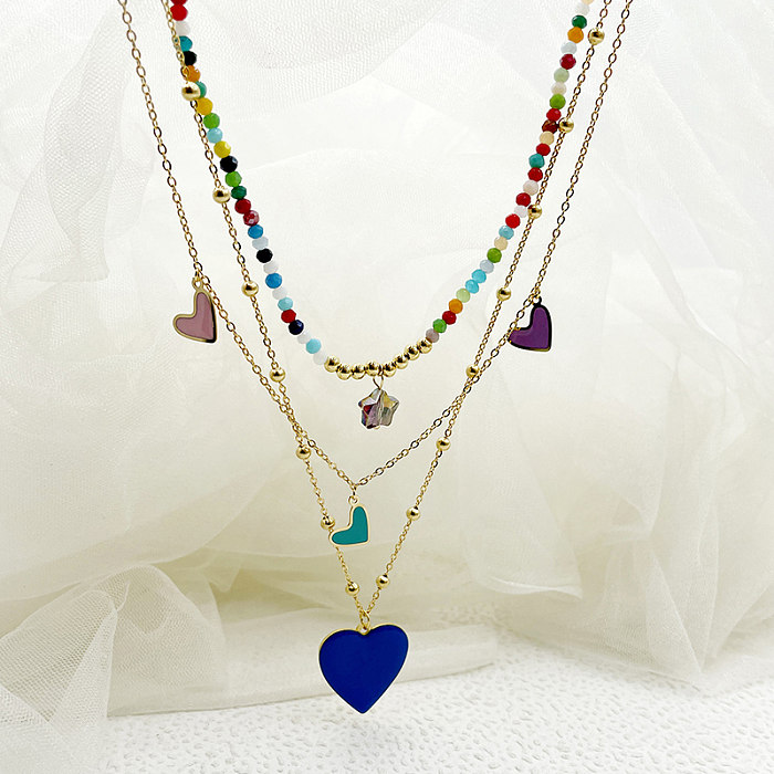 Elegante estilo francês em forma de coração em camadas de aço inoxidável banhado a ouro colar de três camadas