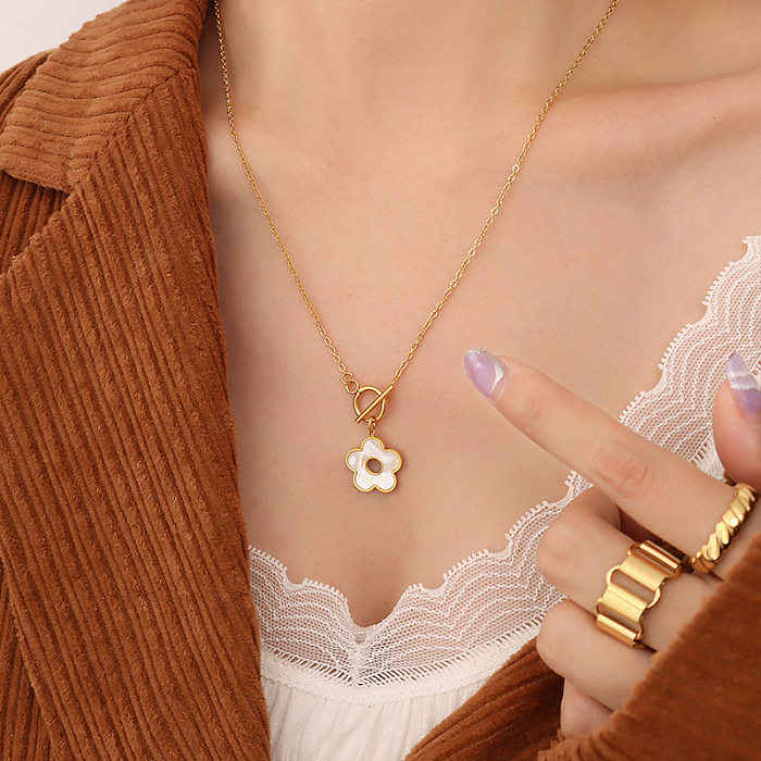 Collier français OT en or véritable 18 carats pour femme, boucle en forme de fleur de coquillage blanc, plaqué en acier inoxydable