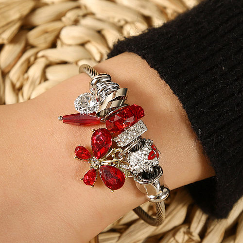 Fashion Butterfly Stainless Steel Beaded Inlay Glass Bangle 1 Piece