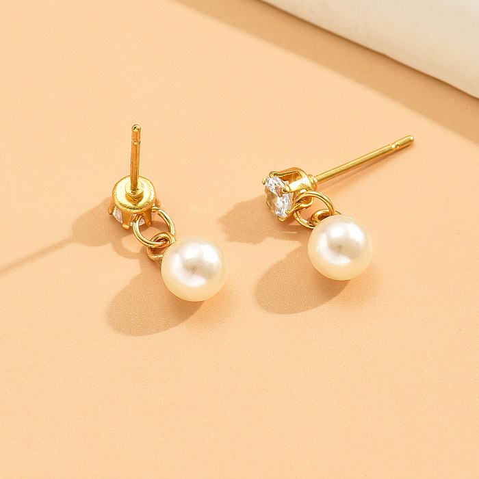 1 paire de boucles d'oreilles décontractées en acier inoxydable et Zircon plaqué or 18 carats avec incrustation de perles