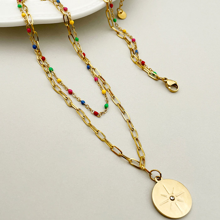 Glam estilo simples cor sólida aço inoxidável em camadas de esmalte banhado a ouro colares de camada dupla