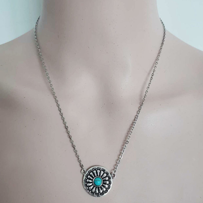 Retro Round Stainless Steel  Alloy Turquoise Pendant Necklace In Bulk