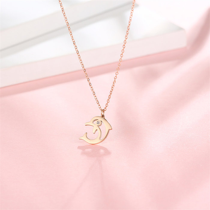 Casual Simple Style Classic Style Dog Dolphin Owl Stainless Steel  Stainless Steel Copper Plating Hollow Out Inlay Diamond Rose Gold Plated Pendant Necklace