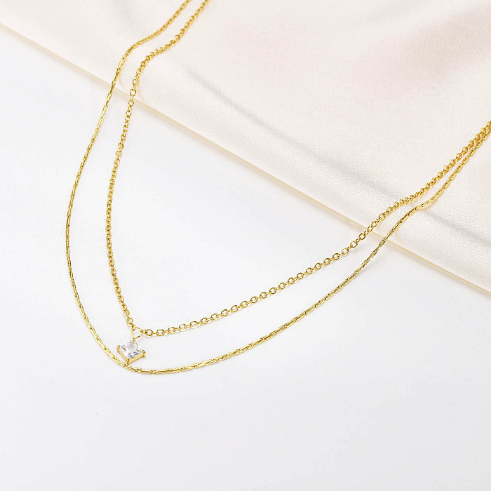 IG Style Simple Style Square Stainless Steel  Layered Plating Inlay Zircon 18K Gold Plated Double Layer Necklaces
