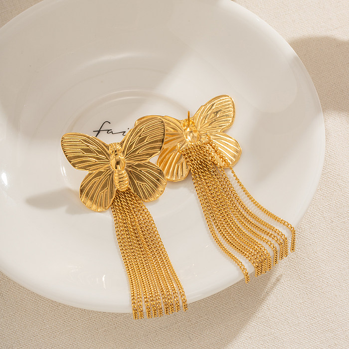 1 paire de boucles d'oreilles pendantes en acier inoxydable plaqué or 18 carats, style rétro et moderne, avec pampilles et papillons