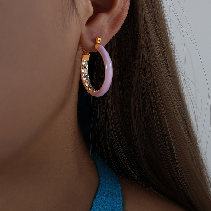 Boucles d'oreilles créoles en forme de U, Style Simple et doux, couleur unie, incrustation d'émail, en acier inoxydable, Zircon plaqué or 1 carats, 18 paire