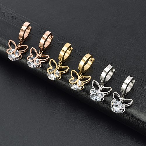 1 Pair INS Style Butterfly Stainless Steel  Inlay Zircon Drop Earrings