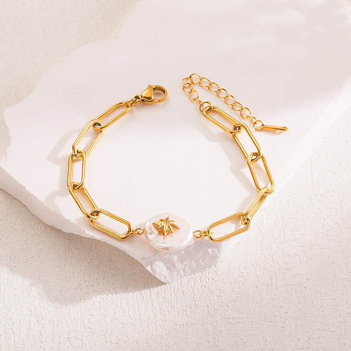 Pulseras de circón chapadas en oro de 18K con incrustaciones de revestimiento de perlas de acero inoxidable de Color sólido dulce estilo IG al por mayor