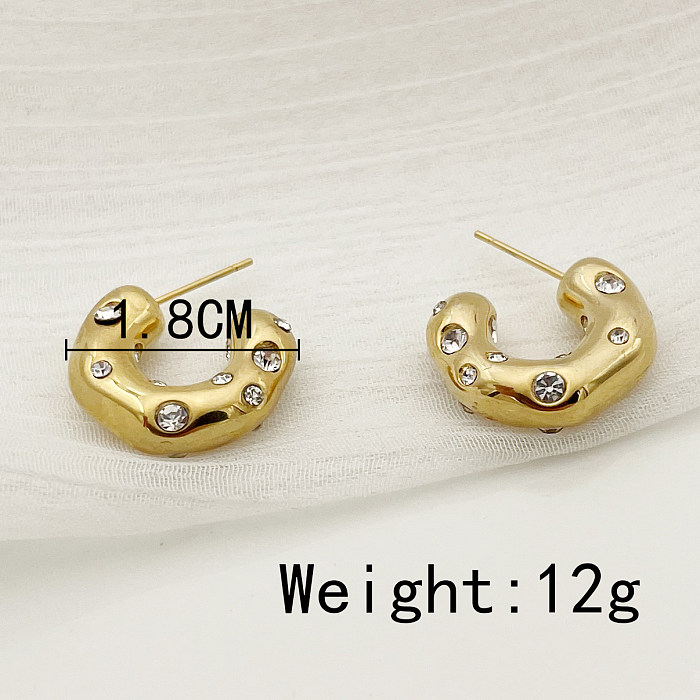 1 Pair Retro C Shape Plating Inlay Stainless Steel  Zircon Gold Plated Ear Studs