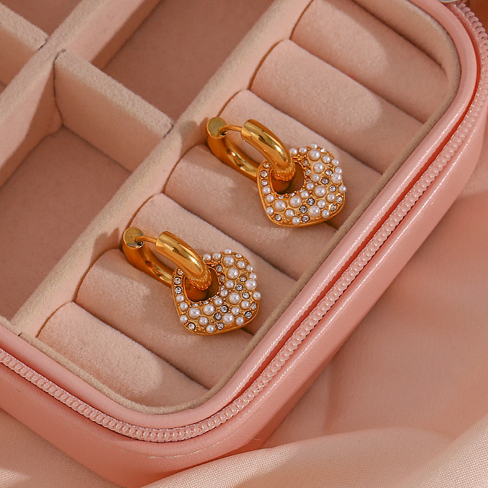 1 Paar moderne, künstlerische quadratische Edelstahl-Beschichtung, künstliche Perlen, Strasssteine, 18 Karat vergoldete Ohrhänger