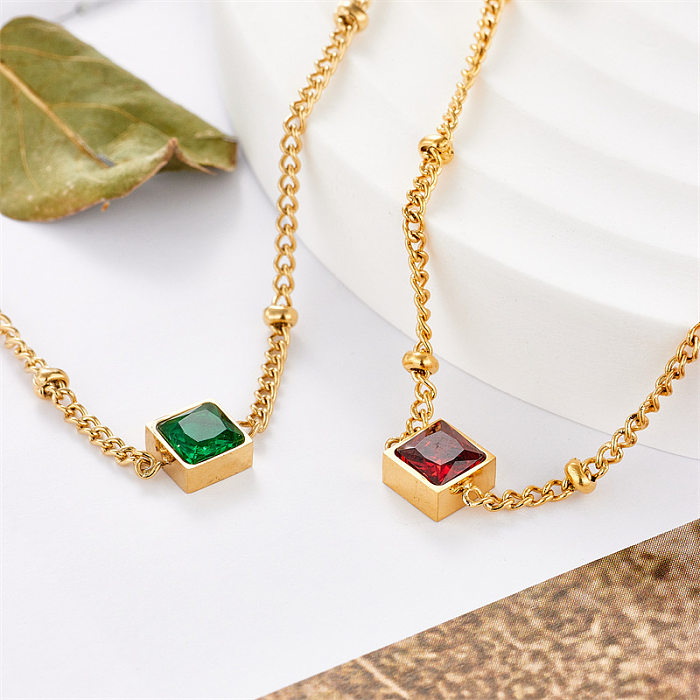 New Style Square Green Zirconium Stainless Steel  14K Gold Plated Geometric Clavicle Chain Necklace