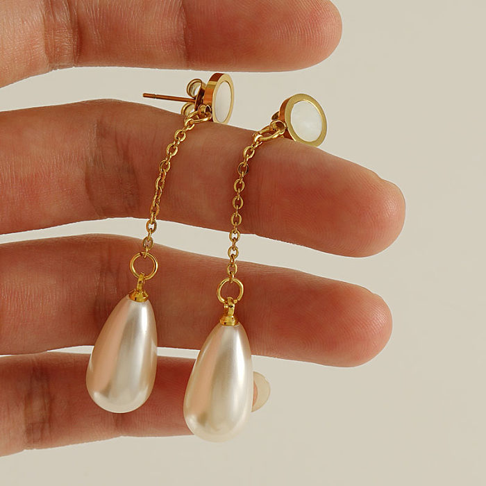 1 Pair Elegant Water Droplets Stainless Steel  Inlay Artificial Pearls Shell 18K Gold Plated Drop Earrings