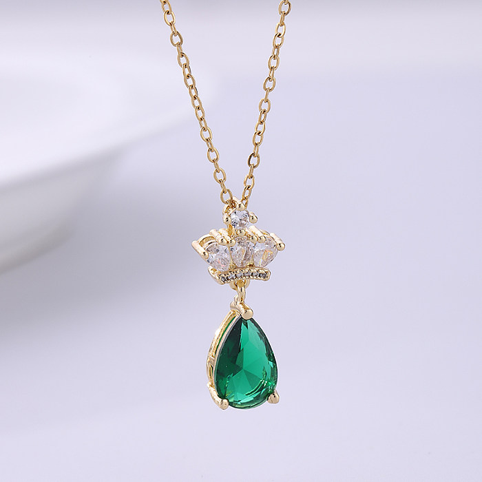 Basic Water Droplets Crown Stainless Steel  Plating Inlay Zircon 18K Gold Plated Necklace