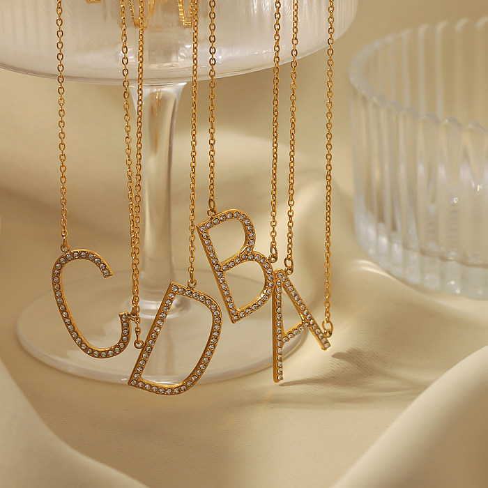 Collier avec pendentif plaqué or 18 carats, style Hip-Hop, lettre de Style Simple, incrustation de placage en acier inoxydable, Zircon