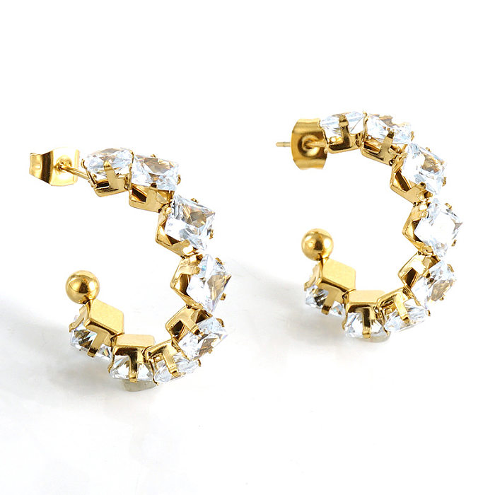 Modische geometrische Edelstahl-Ohrringe mit vergoldetem Zirkon, 1 Paar