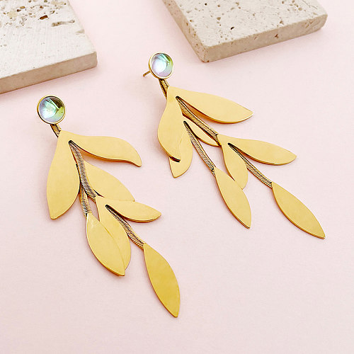 1 Pair Sweet Simple Style Artistic Leaf Plating Inlay Stainless Steel  Gem Gold Plated Drop Earrings