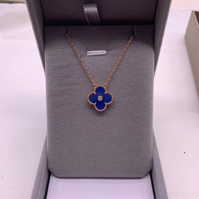Sweet Four Leaf Clover Stainless Steel Inlay Artificial Gemstones Pendant Necklace