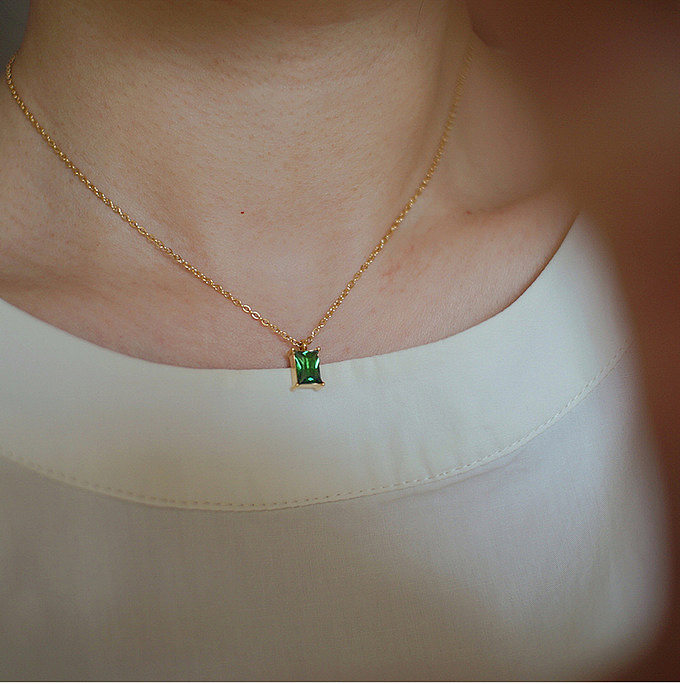 Simple Square Emerald Pendant Stainless Steel Gold-plated Necklace