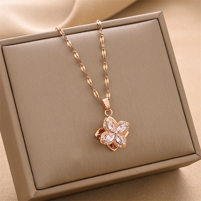 Simple Style Flower Stainless Steel Inlaid Zircon Pendant Necklace