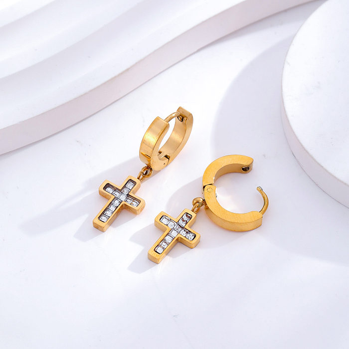 1 Paar einfache Kreuz-Ohrringe aus Edelstahl mit Strasssteinen und 24 Karat vergoldet