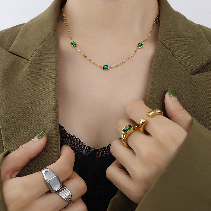 Collier de luxe en Zircon émeraude de Style rétro, collier en acier inoxydable plaqué or véritable 18 carats