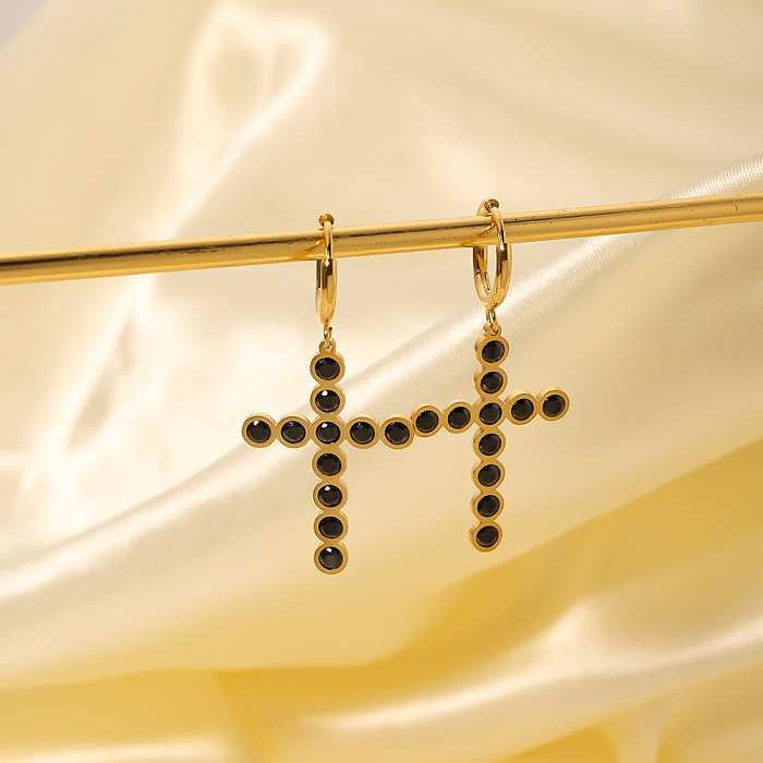 1 Pair IG Style Cross Plating Inlay Stainless Steel  Rhinestones 18K Gold Plated Earrings