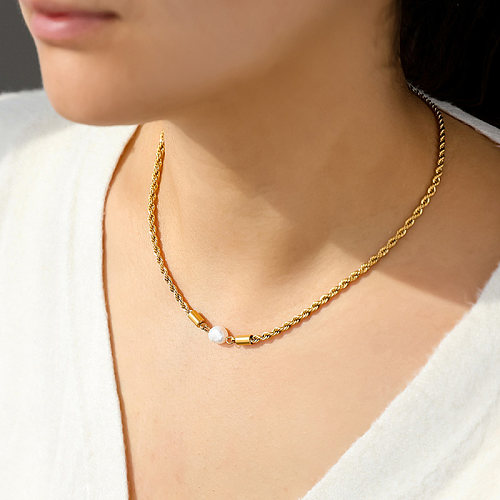 Lässige, schlichte, runde, vergoldete Halskette aus Edelstahl mit Perlenbeschichtung