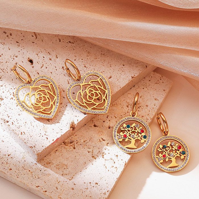1 paire de boucles d'oreilles pendantes en acier inoxydable et Zircon plaqué or 18 carats, Style Vintage, avec incrustation de fleur d'arbre