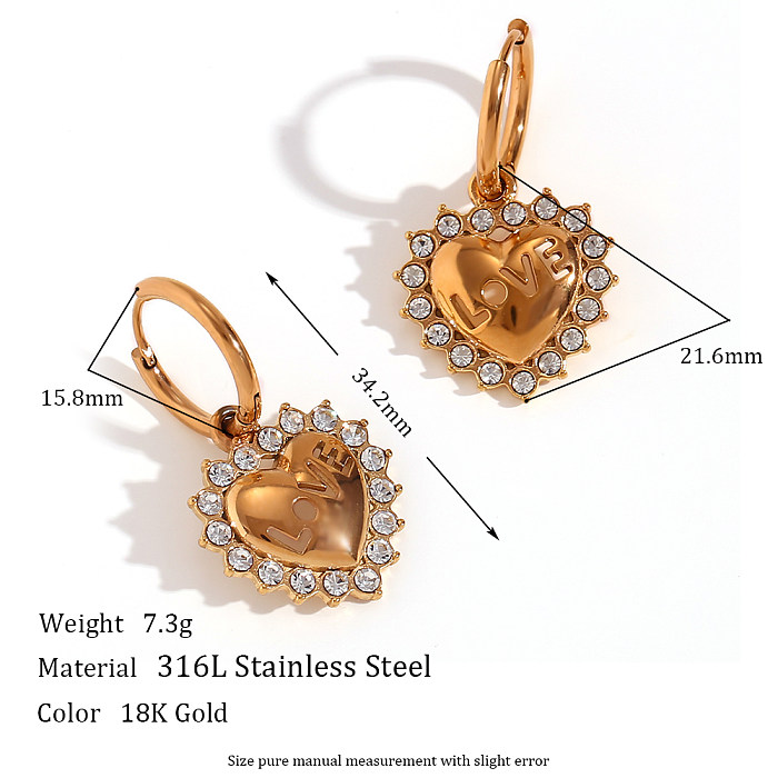 1 Pair Vintage Style Classic Style Love Heart Shape Plating Hollow Out Inlay Stainless Steel  Rhinestones 18K Gold Plated Drop Earrings