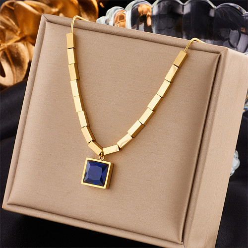 Vintage Style Square Stainless Steel  Plating Inlay Rhinestones 18K Gold Plated Pendant Necklace
