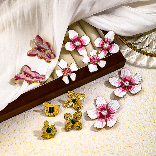 1 paire de clous d'oreilles en acier inoxydable, perles artificielles, Style IG, fleur, papillon, émail, pierre naturelle