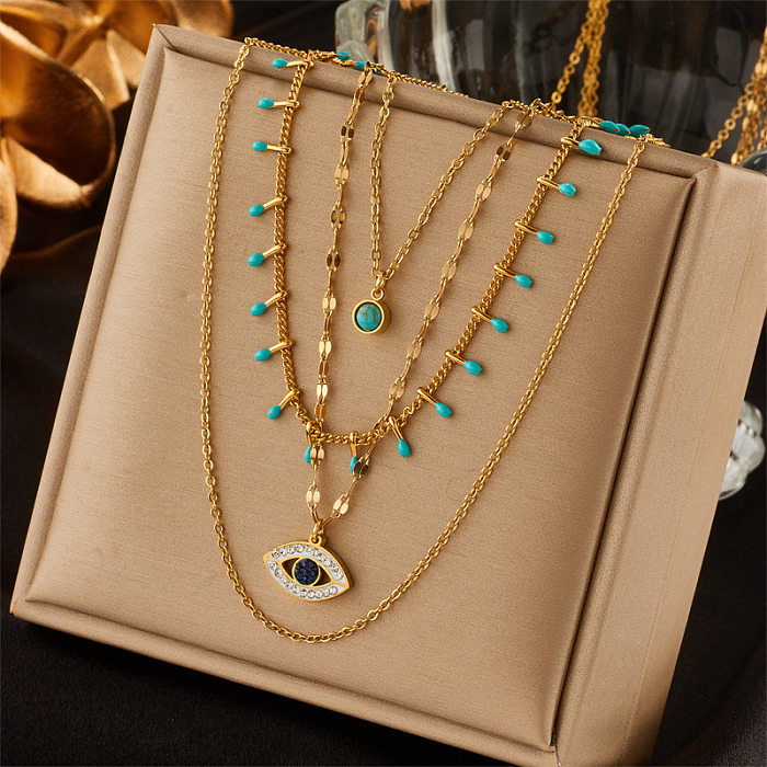 Fashion Round Eye Stainless Steel Plating Inlay Turquoise Layered Necklaces 1 Piece