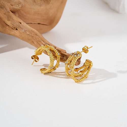 1 par estilo moderno comute C forma chapeamento incrustação de aço inoxidável zircão brincos banhados a ouro