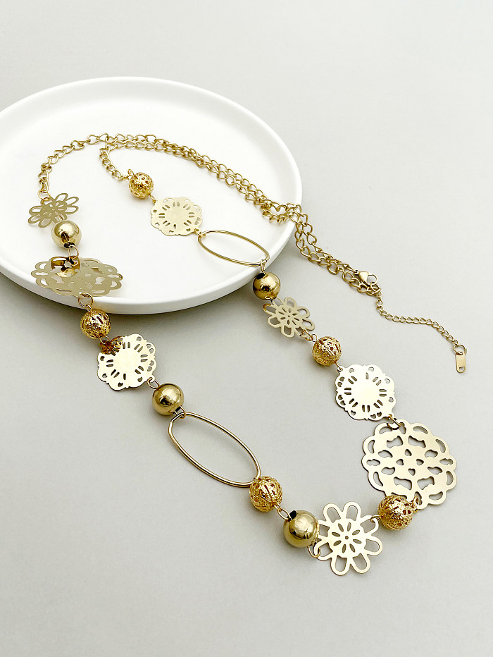 Hip-Hop Rock Commute Flower Stainless Steel  Patchwork Plating Hollow Out Gold Plated Long Necklace