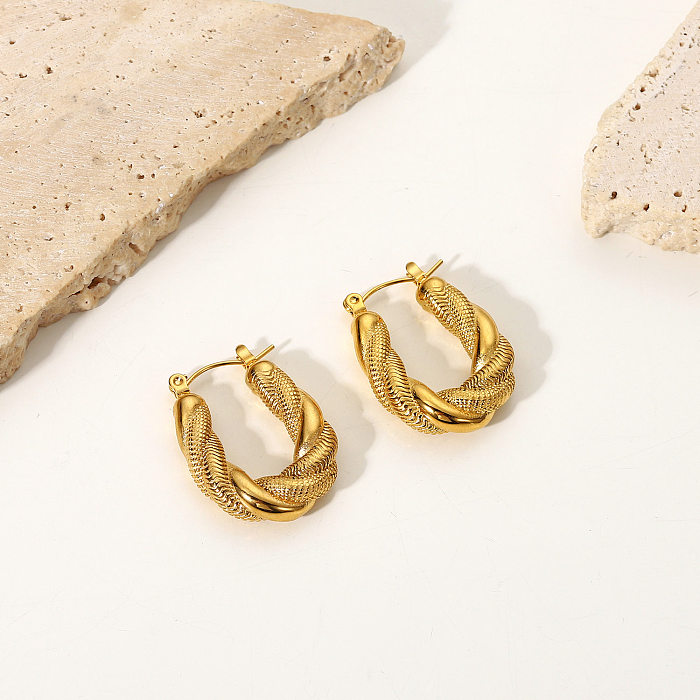 Fashion Retro Double Twist Oval 18K Gold Stainless Steel  U-shaped Earrings Women's