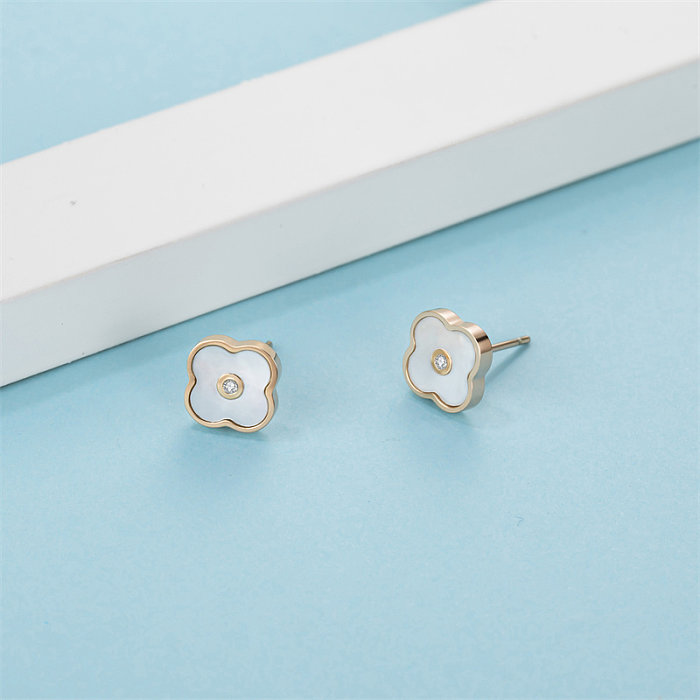 1 Pair Casual Cute Simple Style Four Leaf Clover Polishing Plating Inlay Stainless Steel  Shell Diamond Rose Gold Plated Ear Studs