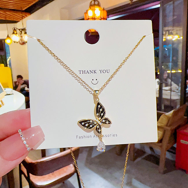 Basic Sweet Water Droplets Butterfly Stainless Steel Plating Inlay Artificial Pearls Zircon Gold Plated Pendant Necklace