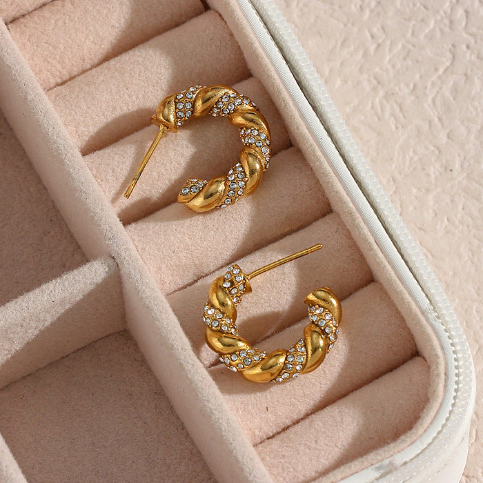 Fashion C Shape Spiral Stripe Stainless Steel  Earrings Inlay Zircon Stainless Steel  Earrings