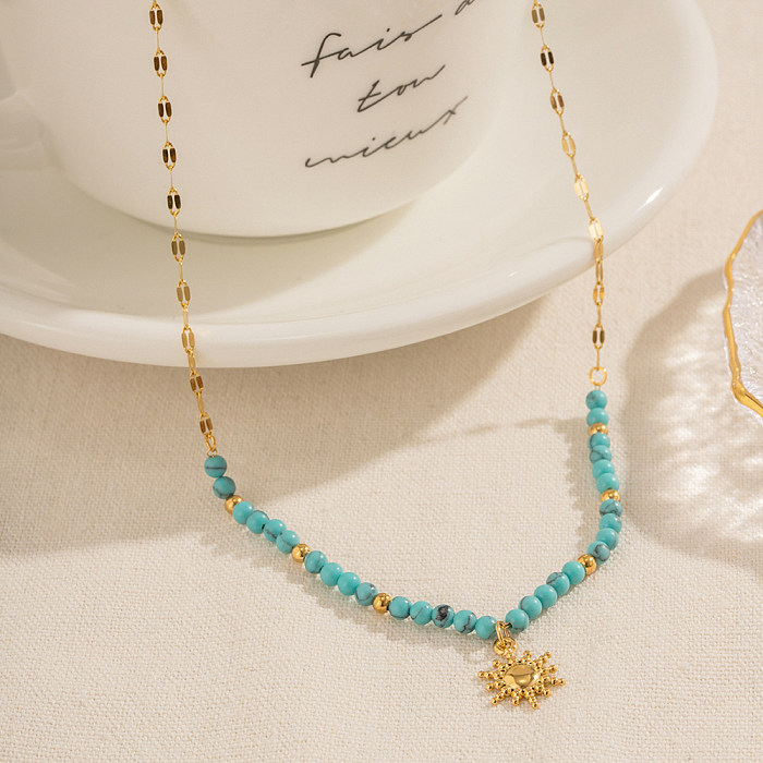 IG Style Simple Style Sun Stainless Steel  Turquoise Stainless Steel Beaded Plating 18K Gold Plated Pendant Necklace
