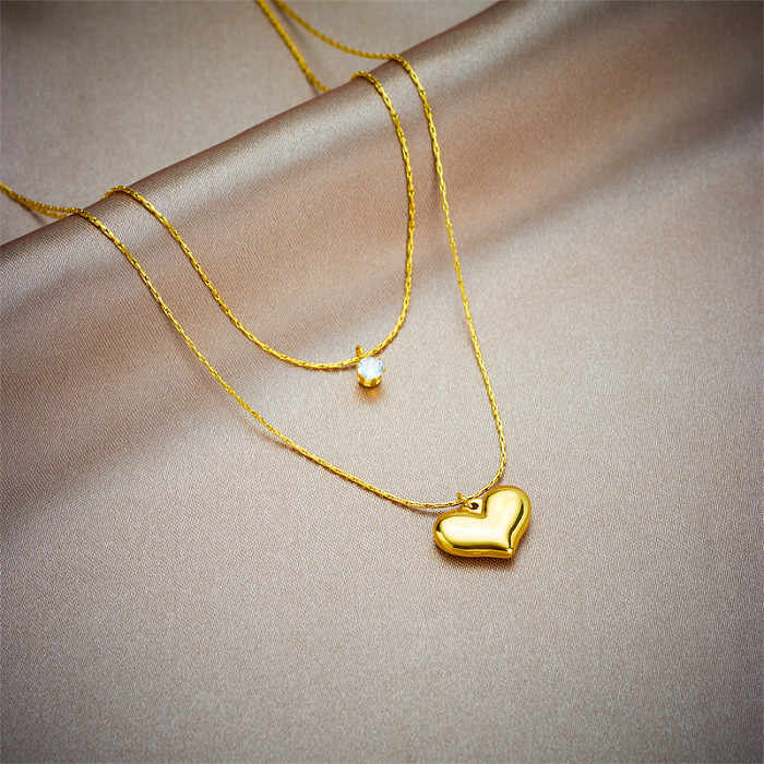 Colares em camadas de strass banhados a ouro em formato de coração básico de aço inoxidável 1 peça