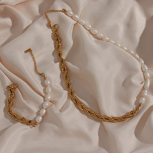 Nova moda natural pérola de água doce feminina conjunto de pulseira de colar de aço inoxidável