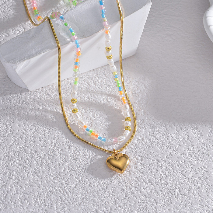 Barock-Stil, herzförmige, doppellagige Halsketten aus Edelstahl mit Perlenbeschichtung und 18-Karat-Vergoldung