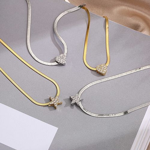 Micro Inlaid Zircon Plated 18K Gold Stainless Steel  Blade Chain Heart Star Necklace